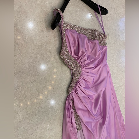 Mac Duggal 68447 Ruched One Shoulder Side Cutout Embellished Satin Gown Lilac 2 - Picture 13 of 14